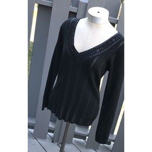 New York Company Ny & Co Metallic  Sweater Black M Sequins Knit V Neck